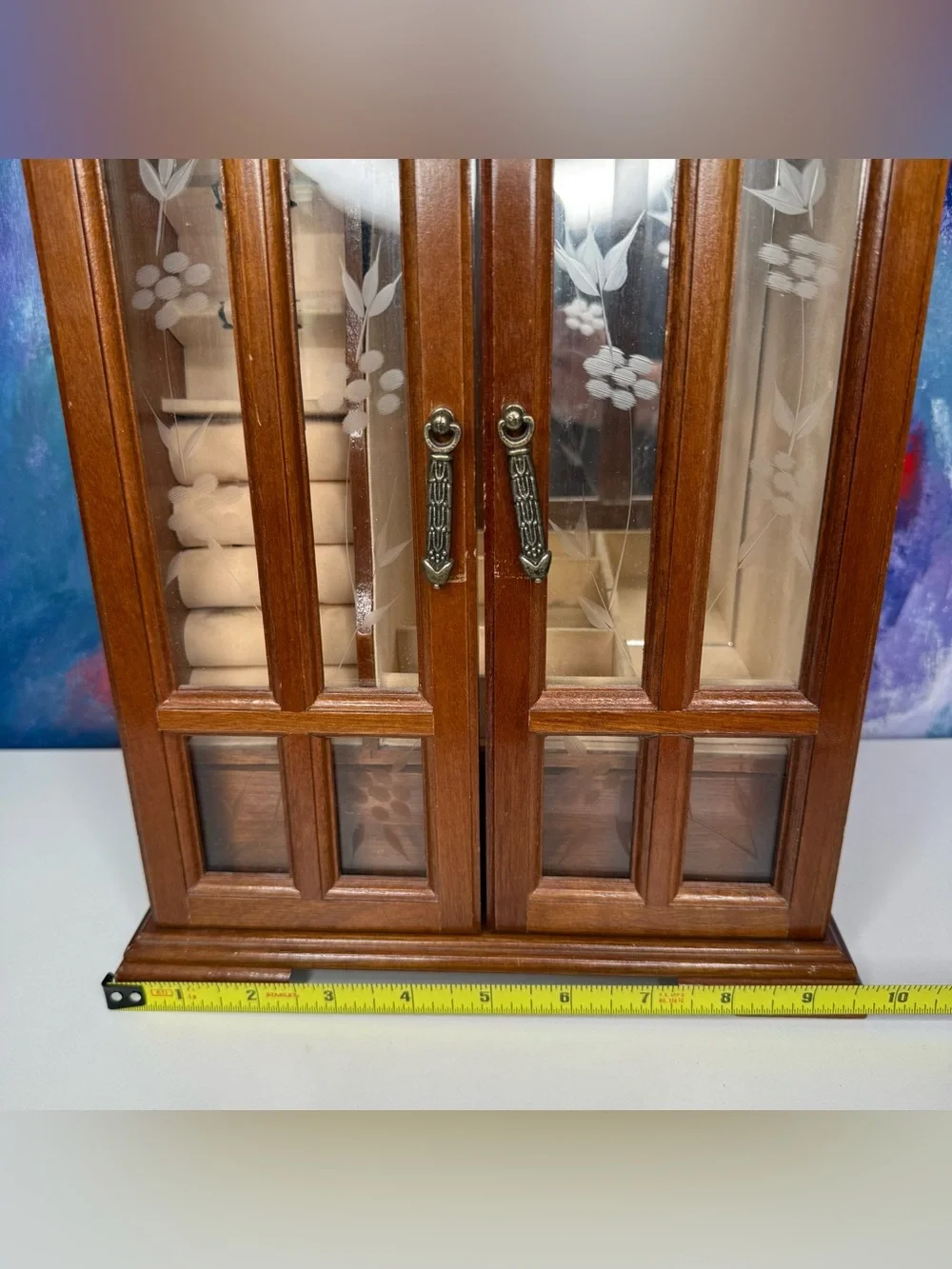 Vintage Wooden Jewelry Box Etched Floral Glass 1980s Armoire Chest Mirror Drawer